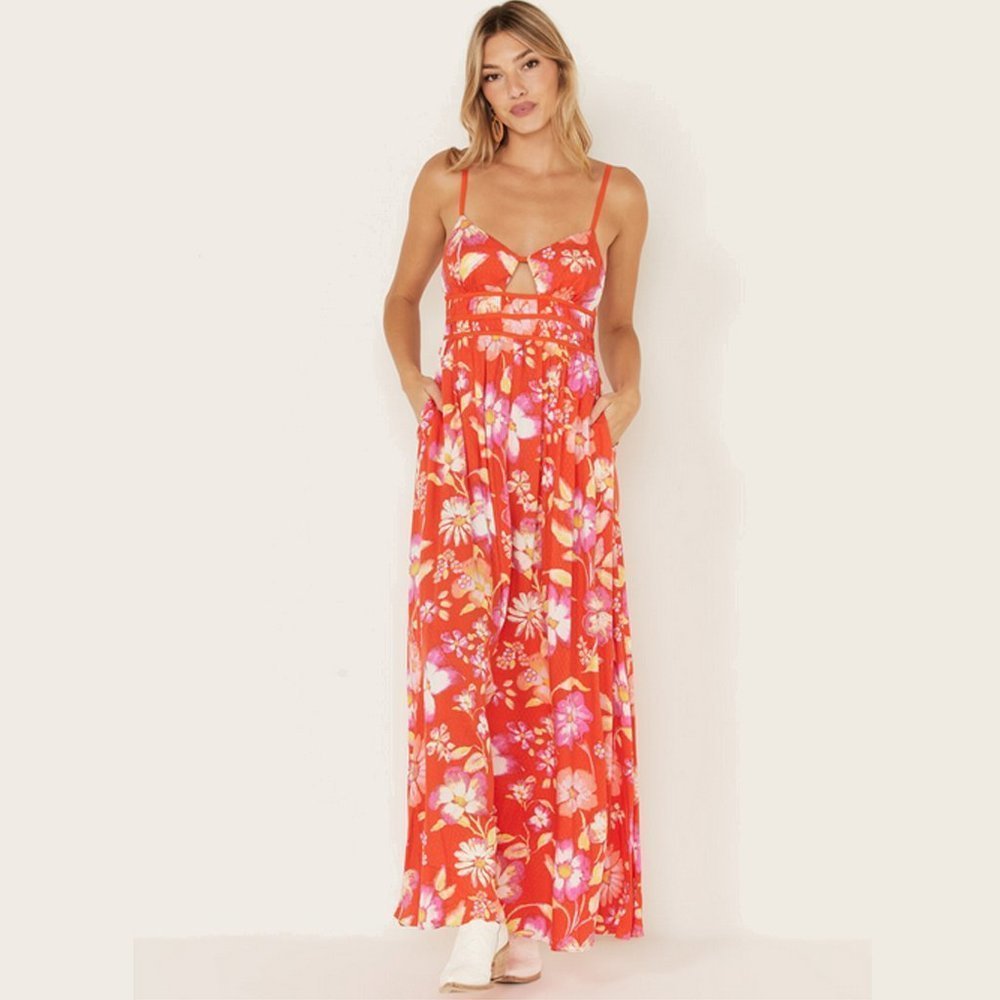 Floral Cutout Red Maxi Dress